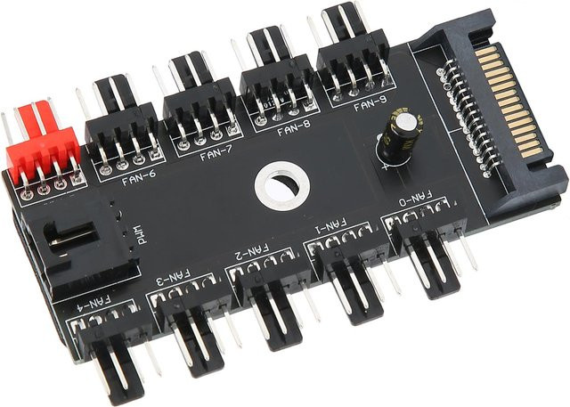 Koogeelife 4-Pin PWM Lüfter-Hub 1 auf 10 Splitter mit SATA-Anschluss für CPU-Kühlung, Schwarz - Bild 1