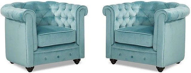 Vente-unique Chesterfield Sessel mit gerader Rückenlehne aus Samt in Hellblau, Höhe: 82 cm - Bild 1