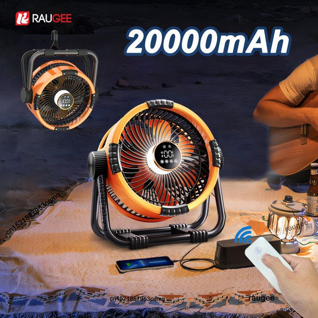 Raugee Camping-Ventilator mit 20000mAh Akku, tragbarer Outdoor-Zeltventilator mit LED-Licht, kabelloser Deckenventilator in Grau und Orange - Bild 1