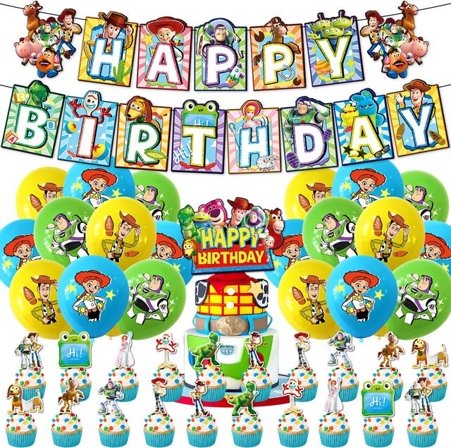 Bandai Toy Story Party-Deko Ballons, Wimpelketten, Tortendekoration, Erdbeerbär, Woody, Buzz Lightyear - Bild 1