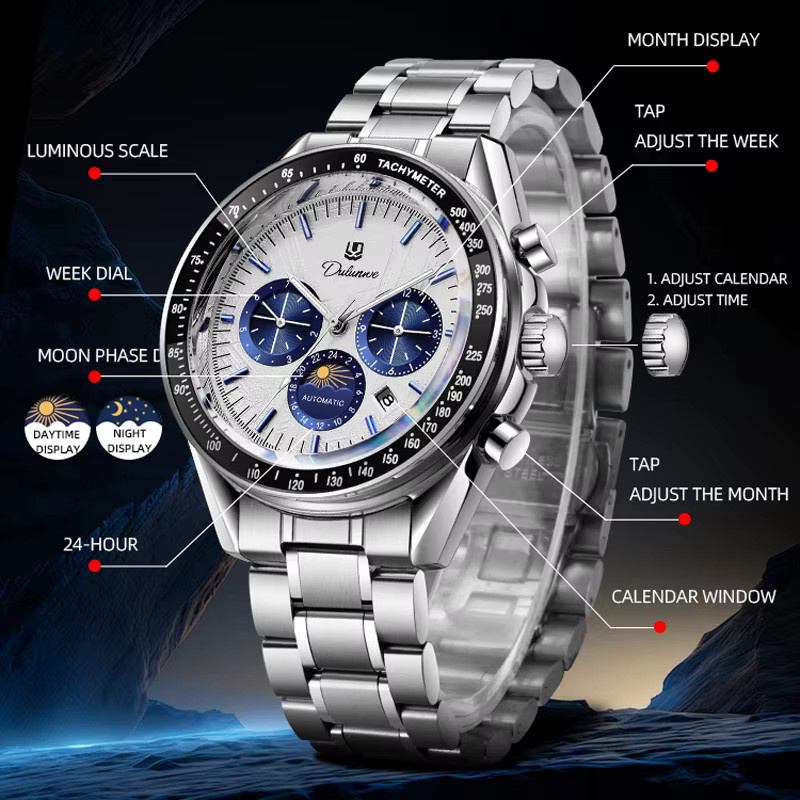 dulunwe Armbanduhr Automatik, Edelstahl, Mondphase, Herren - Bild 5