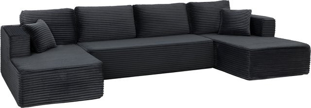 HOMCOM Modulares U-Form Sofa mit Schlaffunktion in Dunkelgrau, 4-Sitzer Ecksofa mit 2 Chaiselongues und Seitentaschen in Cord-Optik, Breite: 369 cm - Bild 1