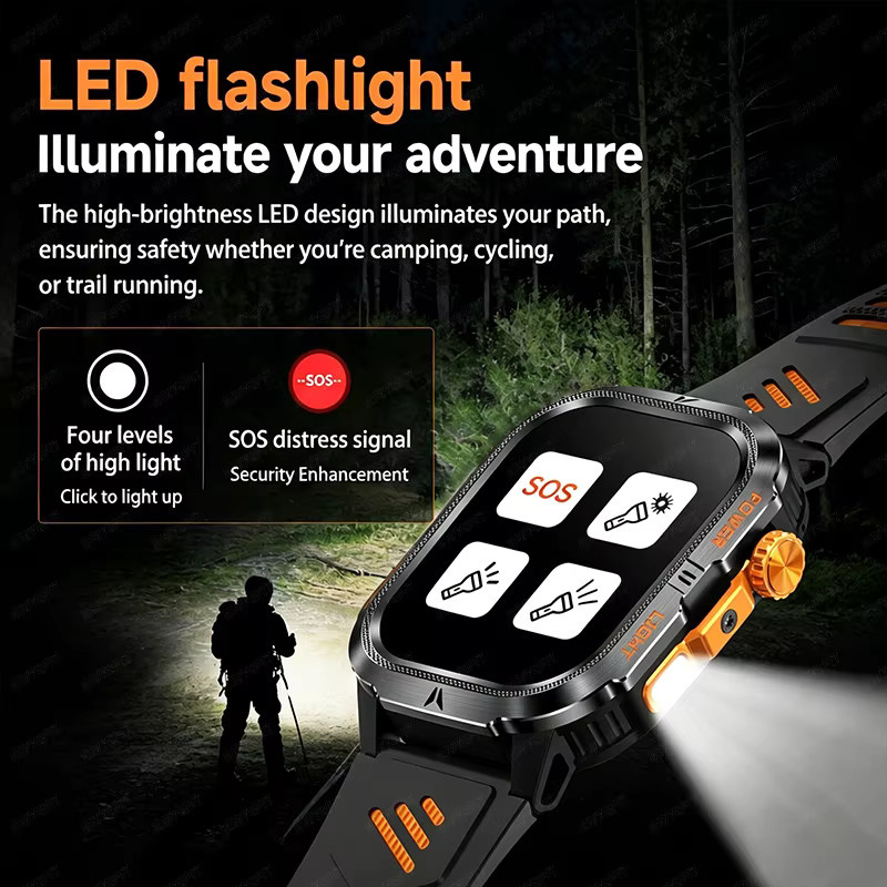 HSVYGFIT Smartwatch in Militärqualität für Herren mit 1200-mAh-Akku, 2,01 Zoll HD-Display, IP68 wasserdicht, Bluetooth-Anrufe und 100+ Sportmodi, Schwarz - Bild 4