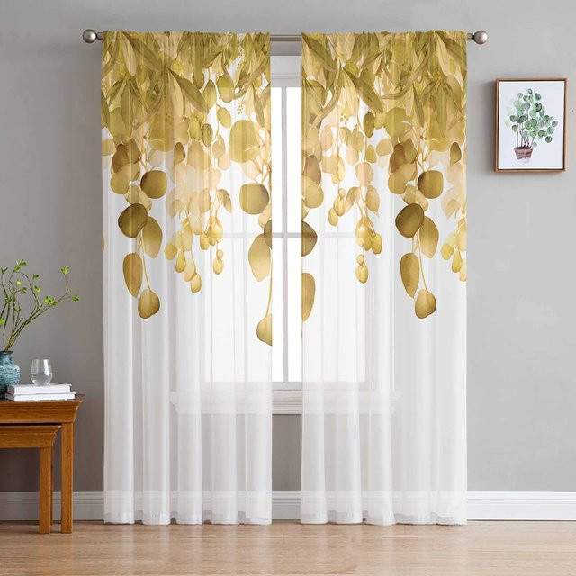 Transparente Tüll-Vorhänge mit gelbem Aquarell-Eukalyptus-Blattmuster von Household supplies MH, Farbe: Gelb/Transparent, B: 135 cm, H: 160 cm - Bild 1