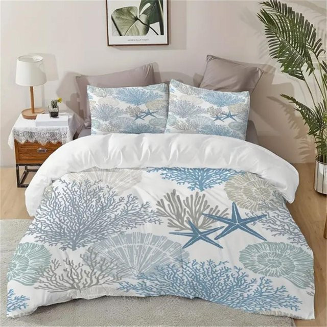3-teiliges Bettwäsche-Set mit Seestern-Muster in Weiß, maritime Design Bettwäsche aus Mikrofaser für Queen Size, B/H: 210 x 210 cm - Bild 1