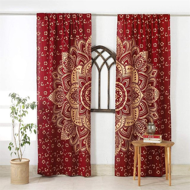 Yiran Furniture Boho Vorhänge mit Mandala Muster in Blau und Silber, halbtransparent mit Ösen zur Befestigung, Breite: 100 cm, Höhe: 130 cm - Bild 1