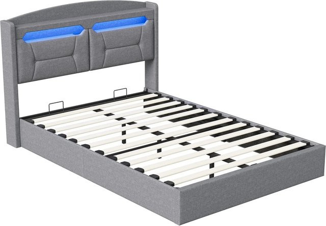 PXloue Polsterbett mit hydraulischem Stauraum, LED und USB-Anschluss, Farbe: Grau, B/T/H: 140 x 200 x 45 cm - Bild 1