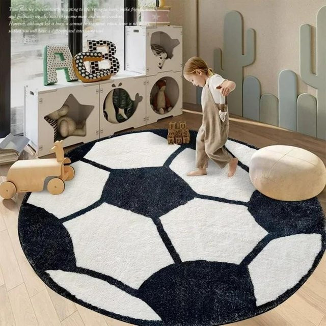Runder Fußballteppich von DHDH in Grau und Weiß mit Sportmotiv für Kinderzimmer, Wohnzimmer und Schlafzimmer, Durchmesser: 40 cm - Bild 1
