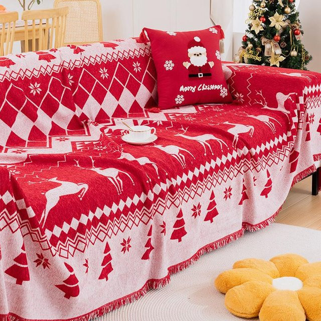 Weihnachtlicher Sofabezug von Your Warm Home in Rot mit Quasten und Gittermuster, B/T: 180 x 130 cm - Bild 1