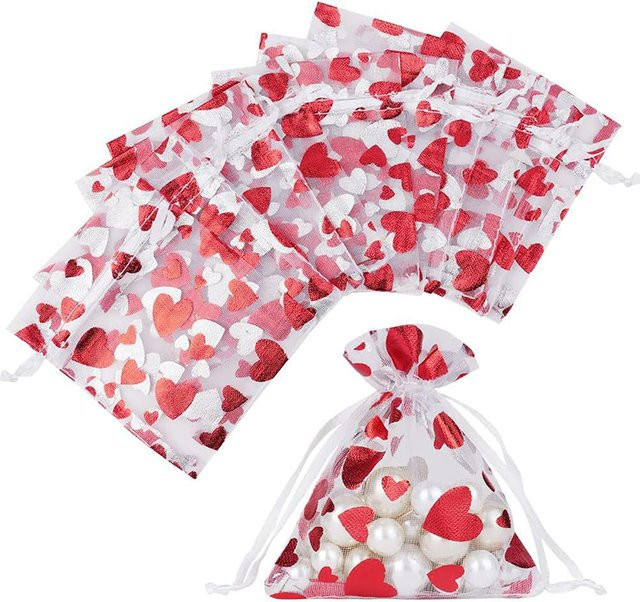 100 Stück rote Organzabeutel in Herzform mit Kordelzug für Hochzeiten, Partys und Geschenke - Bild 1