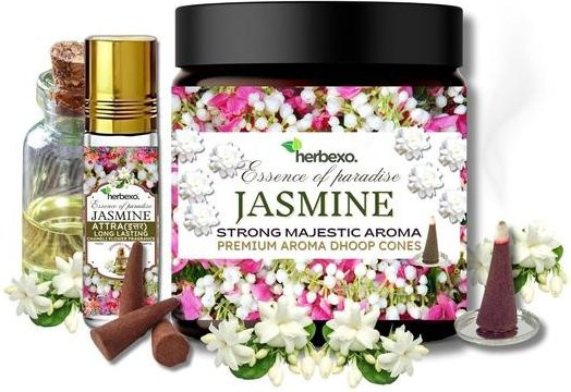 Vedic Spices Jasmin Dhoop und Attar Kombi-Set mit Kräuter-Dhoop Kegeln und natürlichem Jasminduft für Meditation und Pooja - Bild 1