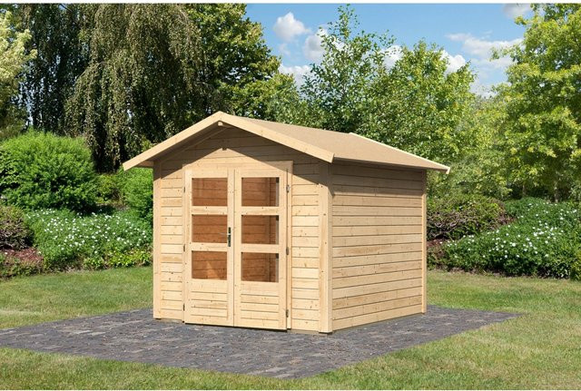 Karibu Holz-Gartenhaus Tessin aus Fichtenholz in Natur mit Satteldach und Boden, B/T: 240 x 240 cm - Bild 1