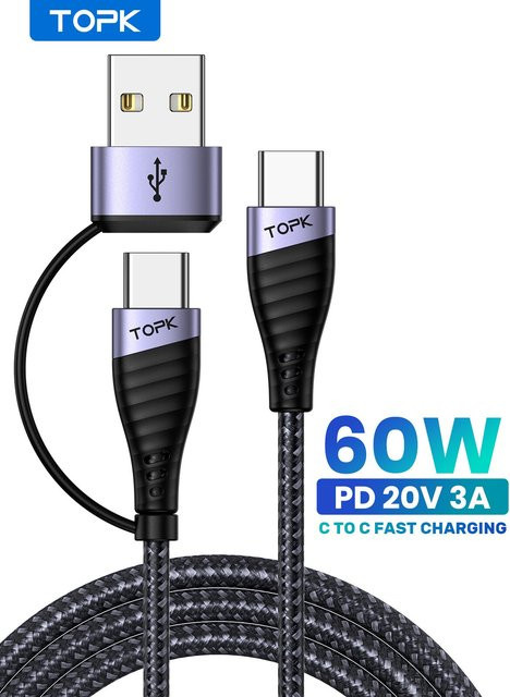 Topk 2 in 1 USB Typ C Ladekabel mit 60W PD Schnellladefunktion in Grau - Bild 1