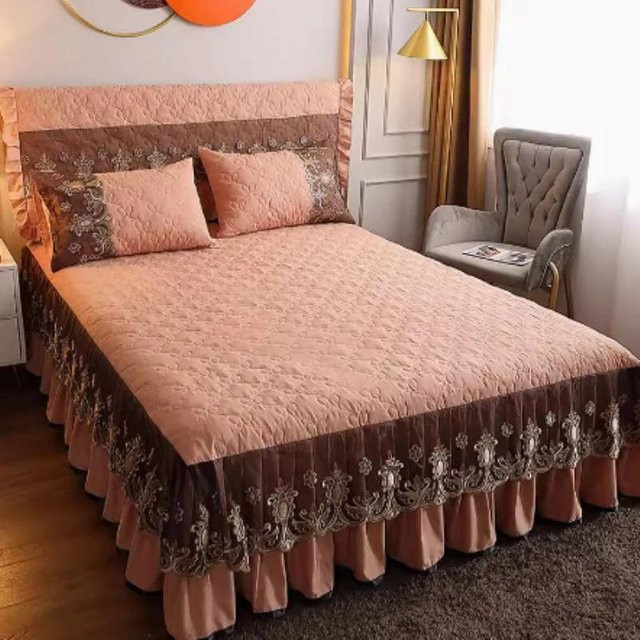 Super Six 3-teiliges Bettrock-Set aus Baumwolle mit Spitze in Pink, B/T: 150 x 200 cm - Bild 1