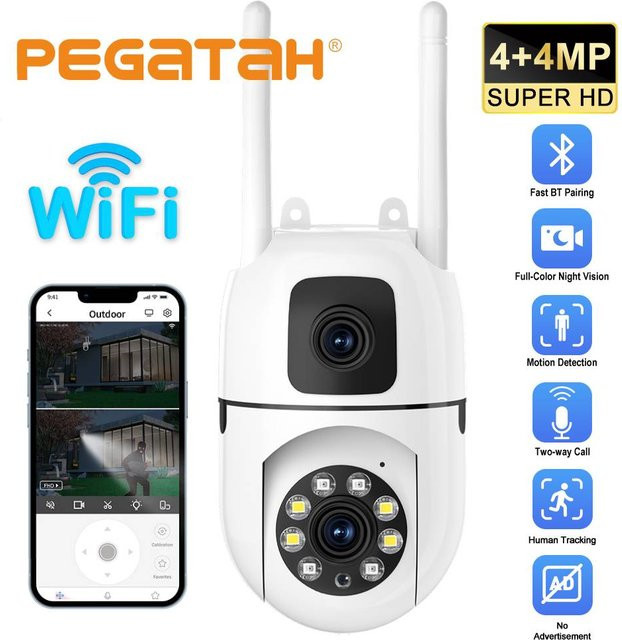 PEGATAH 8MP HD WLAN-Überwachungskamera für den Außenbereich in Weiß mit 4K Auflösung, Dual-Objektiv und Personenerkennung - Bild 1