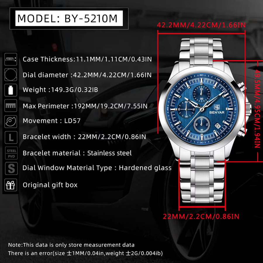 BENYAR Chronograph Armbanduhr, Quarz, Edelstahl, Blau, Herren - Bild 5
