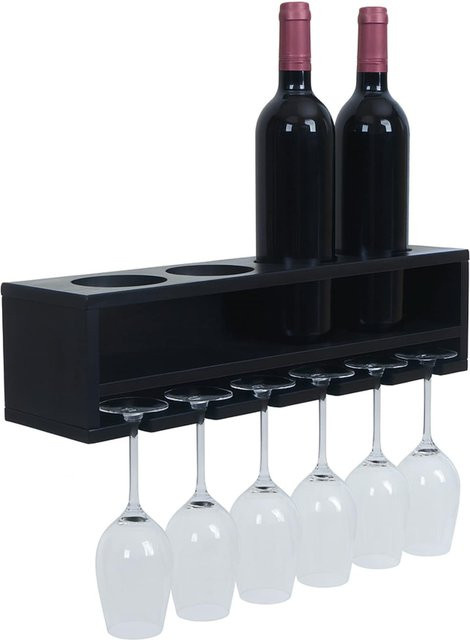 MCW Weinregal P21 Wandbar aus Kiefernholz für 4 Flaschen und 6 Gläser, Schwarz, B/T/H: 48 x 12 x 12 cm - Bild 1