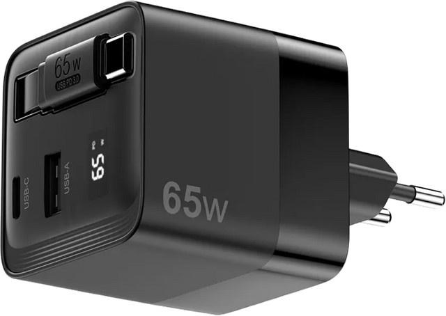Sitecom 65W GaN Ladegerät mit ausziehbarem USB-C Kabel in Schwarz - Bild 1