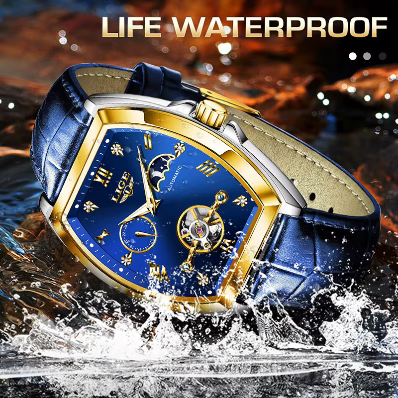 LIGE Armbanduhr Automatik, Tonneau, Gold, Leder, Herren - Bild 5
