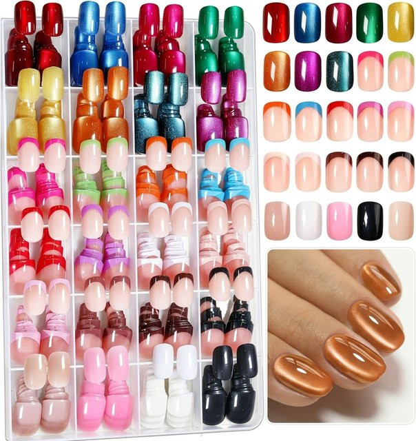 MAFANAILS Press-On-Nägel, 288 Stück, Glänzend, Katzenaugen- & French-Tip-Design, Kurz, Rund - Bild 1