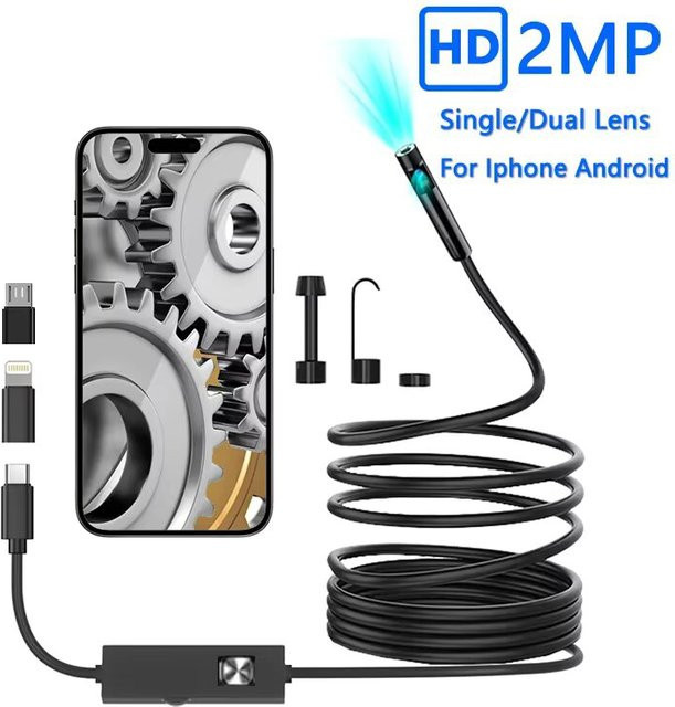 XinFe Endoskopkamera mit Einzel- oder Doppelobjektiv für iPhone, iPad, iOS und Android, USB-C Anschluss, LED-Licht, Schwarz - Bild 1