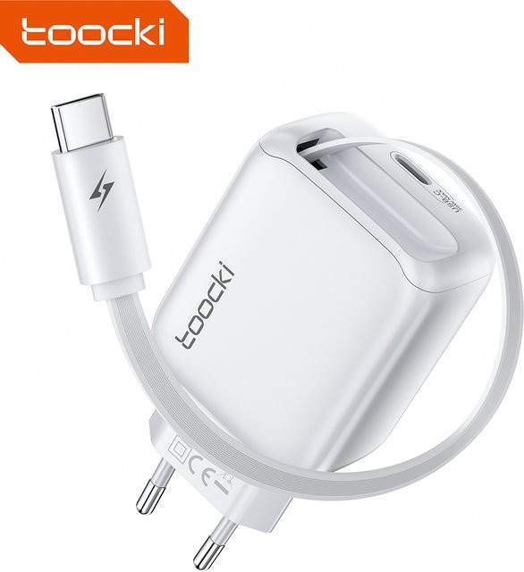 Toocki 30 W GaN-Ladegerät mit einziehbarem 68 cm USB-C-Kabel, weiß, Schnellladegerät mit QC PD 3.0 und PPS für iPhone, Samsung und Tablets - Bild 1