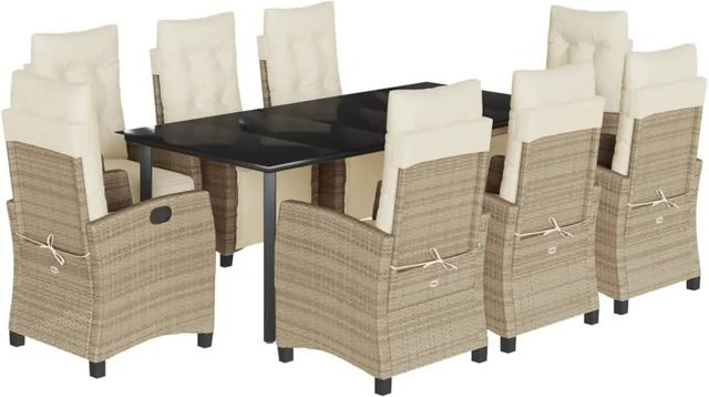 vidaXL 9-teilige Garten-Essgruppe aus Poly Rattan mit Kissen in Beige und Cremeweiß sowie Glastisch - Bild 1