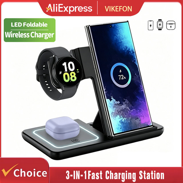VIKEFON 3-in-1 Wireless Schnellladestation für Samsung Galaxy S24 S23, Galaxy Watch und Buds Pro in Schwarz und Pink - Bild 1