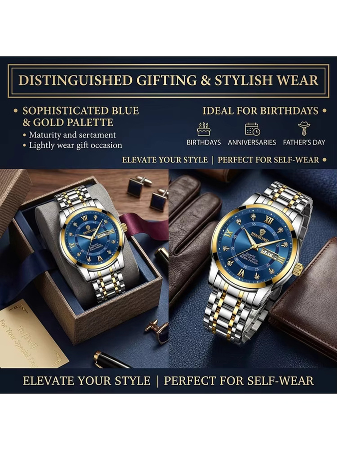BINBOND Armbanduhr Quarz, Edelstahl, Bicolor, blaues Zifferblatt, Unisex - Bild 6