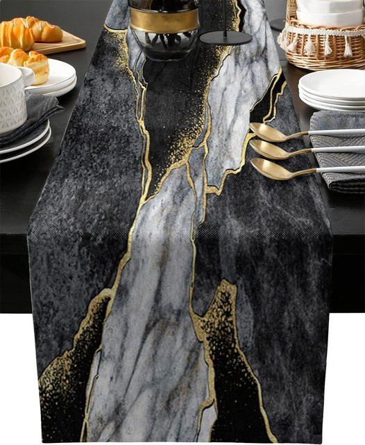 Moderner Tischläufer aus Leinen von JINGYUE Pet mit abstraktem Marmormuster in Schwarz, Grau und Gold, B: 150 cm, T: 33 cm - Bild 1