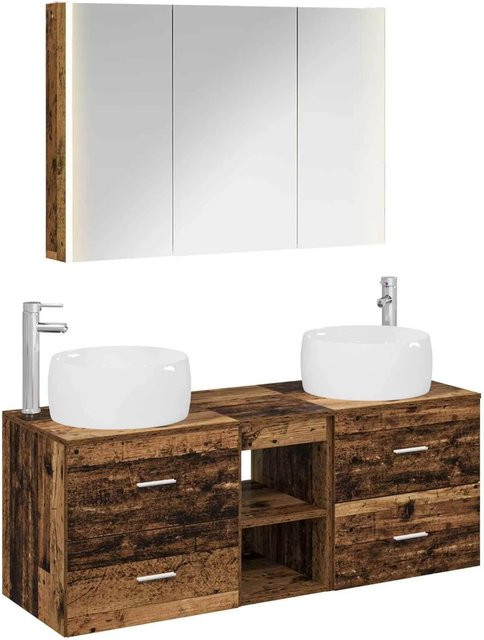 vidaXL Badezimmermöbel-Set 4-teilig aus Altholz und Glas in Braun mit LED-Beleuchtung und Spiegelschrank - Bild 1