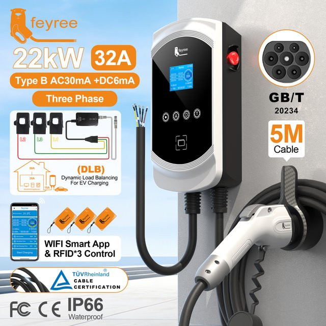 Feyree EV-Ladegerät GB/T Steckdose 32A 3-Phasen 22kW Schnellladung EVSE Wallbox mit Lastausgleichsfunktion in Weiß - Bild 1
