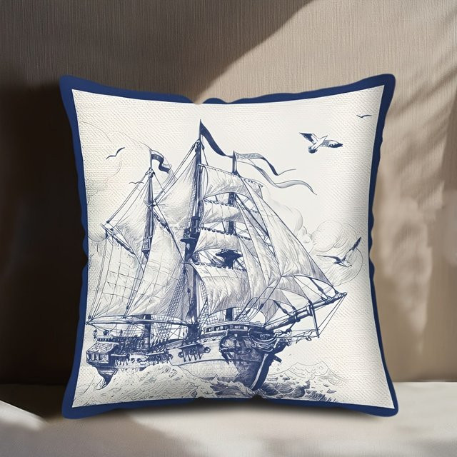Nautical Star Kissenbezug mit Segelboot- und Leuchtturm-Aufdruck in Blau, quadratisch, 45 x 45 cm - Bild 1