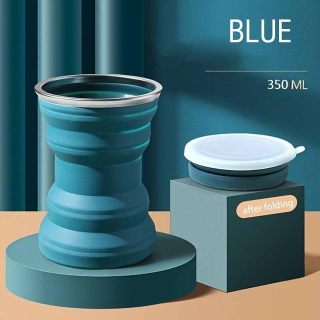 Zusammenklappbarer Silikon-Becher von YJSTY mit Deckel, tragbarer Teleskopbecher für Reisen und Outdoor, Blau, 350 ml - Bild 1