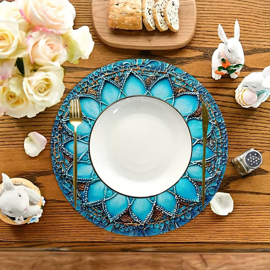 VIKAMA 4-teiliges Vintage-Tischset aus Leinen in Blau und Gold, runde Platzsets mit grafischem Design - Bild 4