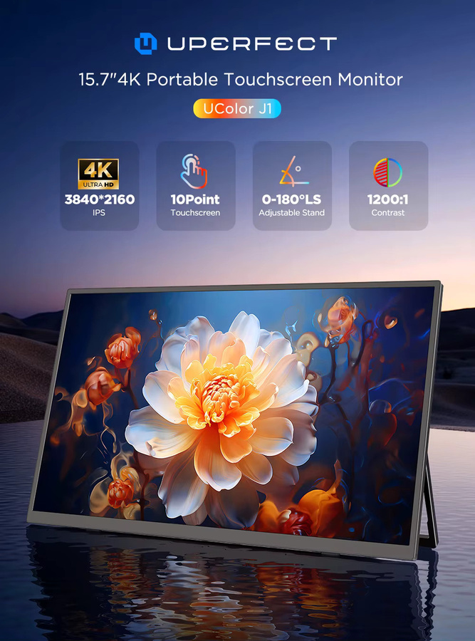 UPERFECT 4K UHD Tragbarer Touch Monitor 15,6 Zoll, IPS Display mit 10-Punkt-Touch, USB-C und HDMI, Schwarz - Bild 2