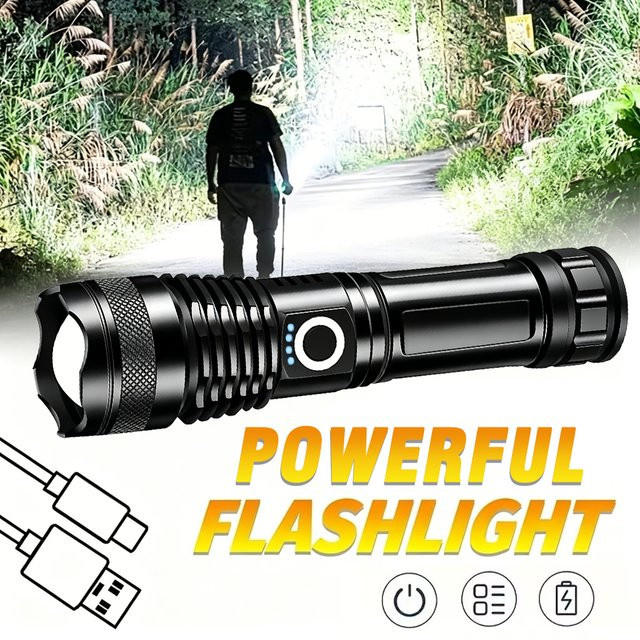 KDULIT Hochleistungs-LED-Taschenlampe aus Aluminiumlegierung in Schwarz mit USB-Aufladung, 5 Modi und Teleskop-Zoom für Outdoor, Camping und Angeln - Bild 1