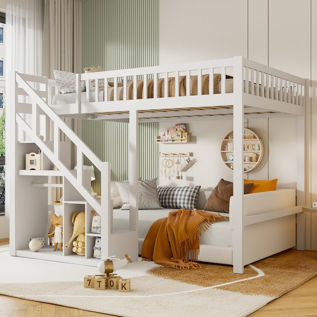 Rosahqnda Kinder-Etagenbett aus Massivholz mit Treppe und Aufbewahrungsschrank in Weiß, B/T/H: 140 x 200 cm - Bild 1