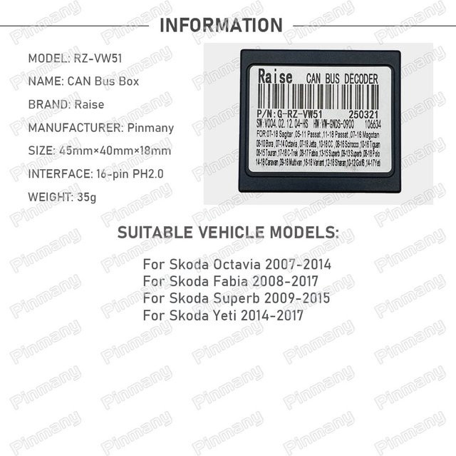 Pinmany CAN-Bus-Decoder RZ-VW51 Adapter für Android Head Units, Schwarz, passend für Skoda Octavia Fabia Superb Yeti - Bild 1