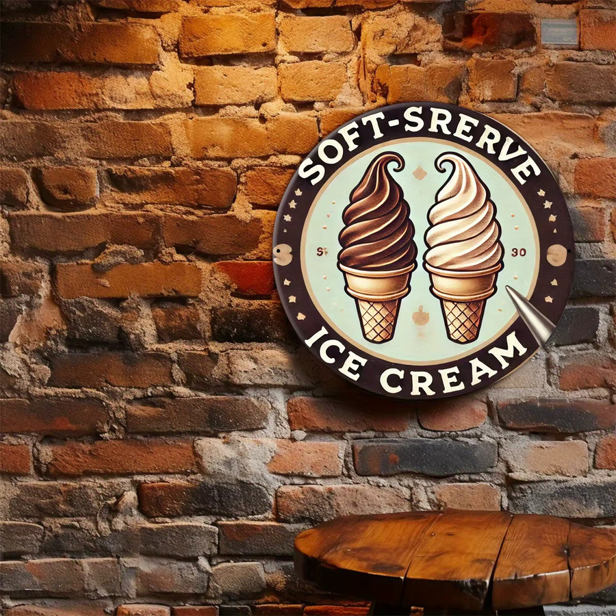 Potdemiel Vintage Soft-Serve Ice Cream Aluminium Wanddeko, runde Metall-Zierplatte mit Typografie-Design, Mehrfarbig, Durchmesser: 20 cm - Bild 2