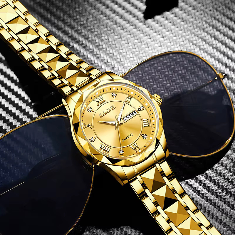 LIGE Armbanduhr Edelstahl, Quarz, Gold, Datum, Wochentag, Damen - Bild 3