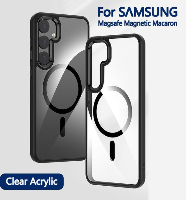 Magnetische Macaron Schutzhülle für Samsung Galaxy S24 S23 FE S22 Ultra Plus in Transparent oder Schwarz mit MagSafe Kompatibilität aus Silikon und Acryl - Bild 1