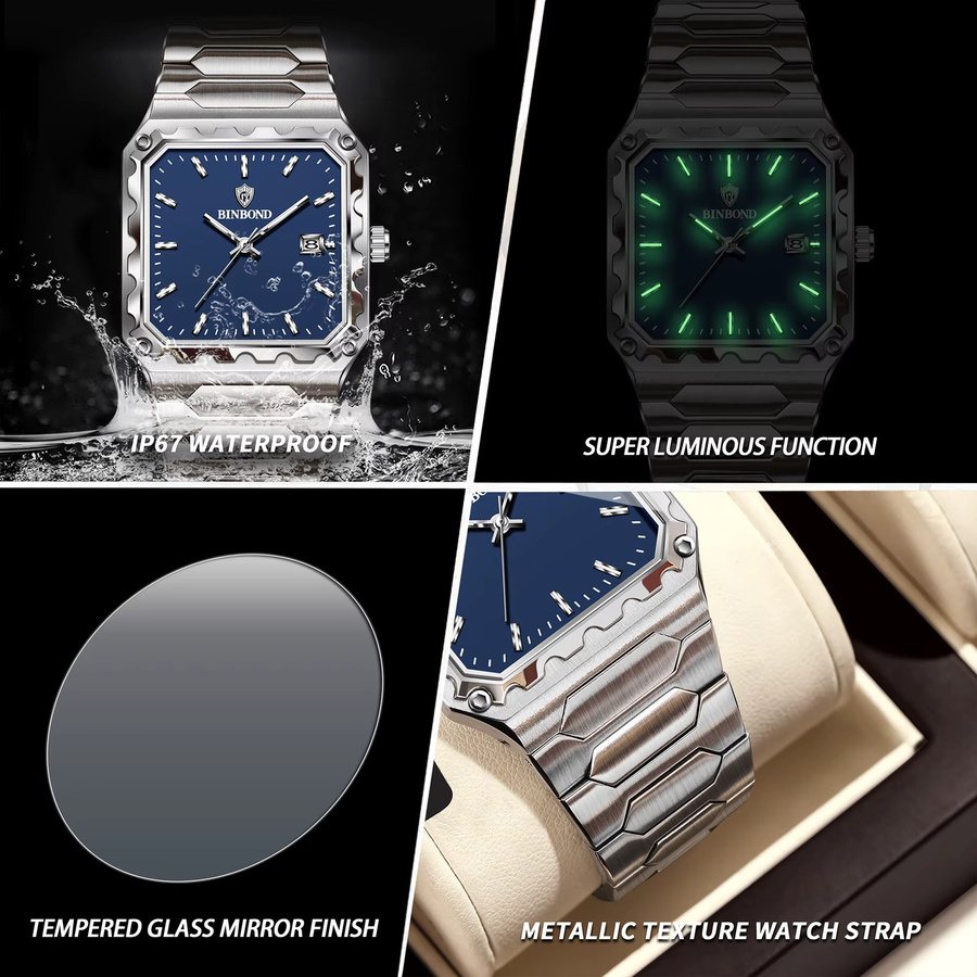 BINBOND Armbanduhr Edelstahl, Quarz, Blau, Silber, Herren - Bild 6