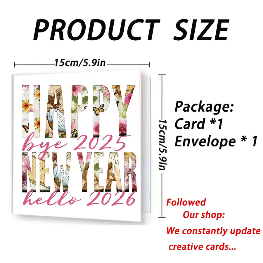 2er Set Neujahrsgrußkarte 2026 mit Umschlag, quadratische Grußkarte aus Papier in Rot und Mehrfarbig, Unisex-Design - Bild 2