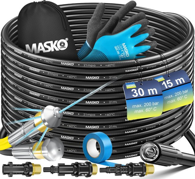 MASKO Premium Rohrreinigungsschlauch Set in Schwarz, 30m Länge, kompatibel mit Kärcher k2-k7 und LAVOR Hochdruckreinigern, inklusive 3 Adaptern, 2 Düsen, Tasche, Handschuhen und Isolierband - Bild 1