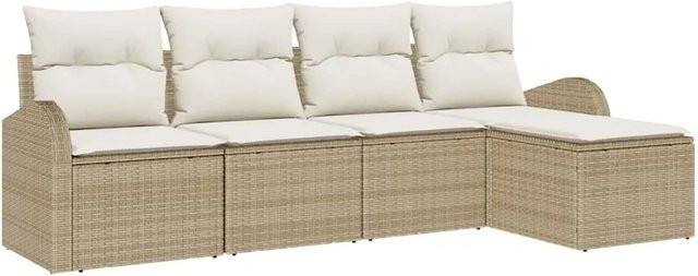 vidaXL Garten-Sofa-Set aus Polyrattan in Beige, 5-teiliges L-Shape Lounge-Set mit Kissen und Hocker - Bild 1