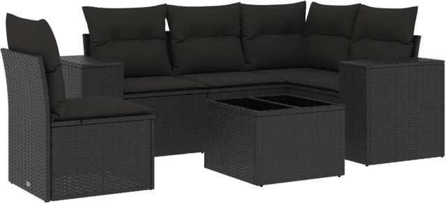 vidaXL 6-tlg Garten-Sofagarnitur in L-Form aus Poly-Rattan mit Kissen und Armlehnen, Schwarz - Bild 1