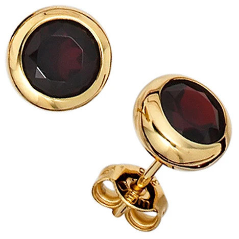 Colfem Ohrstecker rund, 375 Gelbgold, 2 Granate rot, Unisex - Bild 1