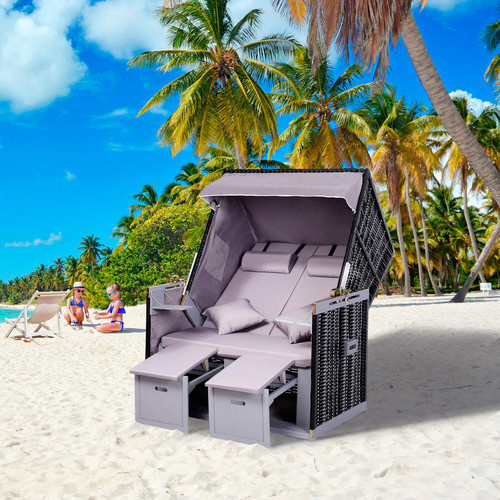 Outsunny Strandkorb Volllieger aus PE-Rattan in Grau mit Sonnendach und Seitenfächern, B/T/H: 118 x 79 x 150 cm - Bild 9