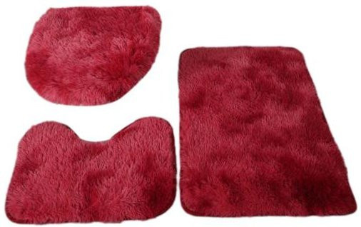 3-teiliges Badezimmerteppich-Set aus Polyester in Weinrot mit rutschfester Gummiunterseite und U-förmiger Matte für Toilette und Dusche - Bild 1